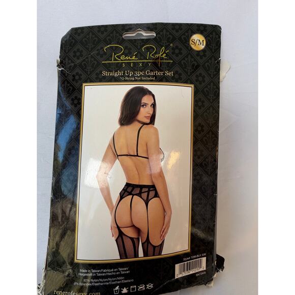 Rene Rofe Sexy Black Lingerie Set Bra Thong Garter Stockings S/M NIP - Picture 2 of 5